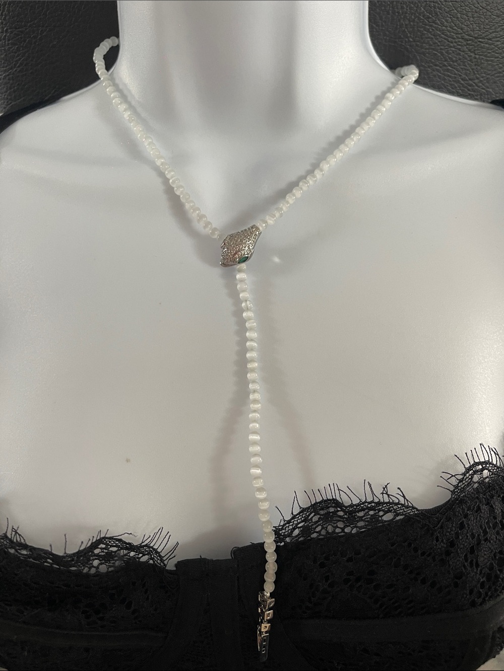 White tiger eye Bead Lariat Necklace with Pavé snake Accent